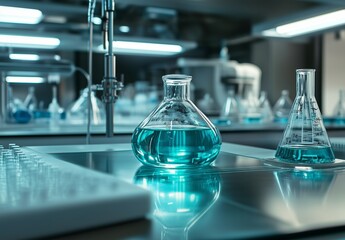 Science laboratory medical close up blurred bokeh abstract neutral background with flasks, tubes, microscopes and equipment