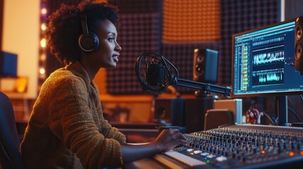 Aufkleber - The podcaster articulates ideas while using equipment in a well-equipped studio, engaging listeners with insightful commentary. Generative AI