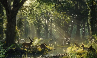 Poster - Enchanted woodland with magical creatures, 4K hyperrealistic photo