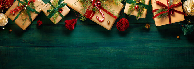 Wall Mural - gift boxes, fir tree branches and decoration for christmas