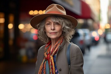 Portrait of senior woman in hat and scarf on the street.