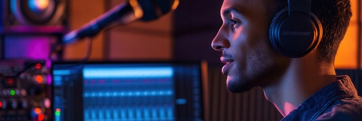 Leinwandbilder - The podcaster speaks confidently into a microphone while immersed in a vibrant studio atmosphere, focused on the discussion. Generative AI