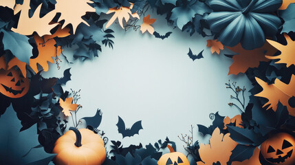 Wall Mural - a halloween scene featuring pumpkins, bats, and autumn leaves crafted from paper, set against a ligh