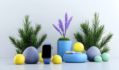 Poster - Charming collection of sleek modern tech gadgets showcasing innovative design, vibrant colors, and user-friendly interfaces, perfect for contemporary lifestyles.