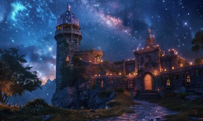 Poster - Wizard's keep adorned with celestial observatory and starlit chambers, 4K hyperrealistic photo