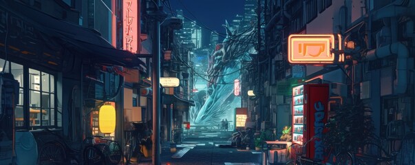 Poster - Dragon in an alleyway, neon signs illuminating the scene, 4K hyperrealistic photo