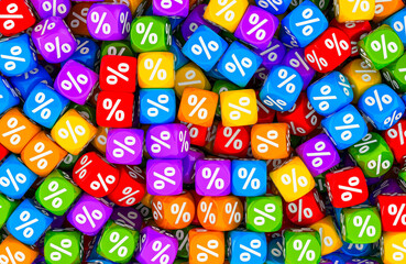 Poster - backdrop from colored discount cubes, dice with percent signs. 3d rendering