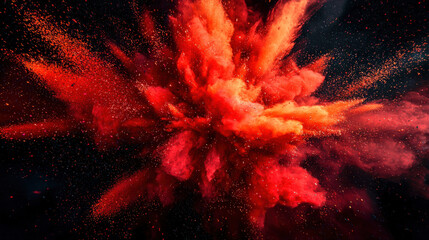 Wall Mural - An artistic abstract image of a female orgasm. A red explosion in the sky on a black background. Red dust and particles of holi colors scatter all over the background