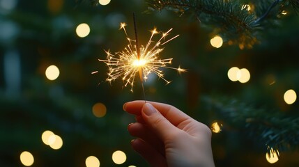 Wall Mural - Person holding sparkler near Christmas tree