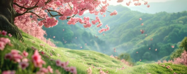 Poster - Soft pink sakura blossoms against a backdrop of green hills, 4K hyperrealistic photo