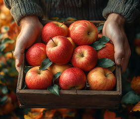 manly male hands plucking ripe red beautiful apples stacking in wooden box among orange autumn garden, wind blowing leaves, hyperraelism, free gmo