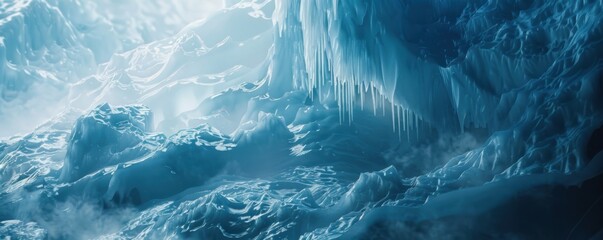 Poster - Glacier's blue ice facade revealing layers of ancient history, 4K hyperrealistic photo