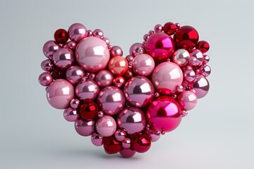 Heart shape made of pink and red glossy spheres on a light grey background. Modern 3D art. Valentine's Day and love concept. Generative AI