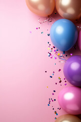 Birthday background with balloons and pink ornaments  of a flat lay composition on pink-colored paper with copy space. Birthday concept with copy space for text.