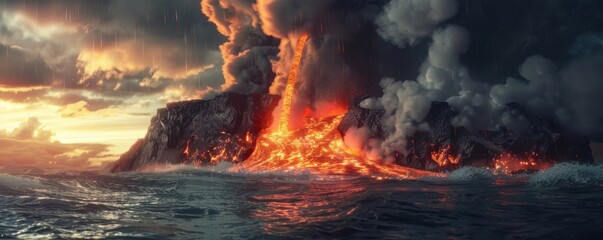 Volcanic eruption spewing lava into the ocean, 4K hyperrealistic photo