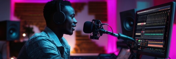 Leinwandbilder - A podcaster shares insights with listeners, surrounded by audio equipment and colorful lighting in a contemporary studio setup. Generative AI