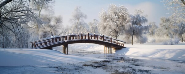 Wall Mural - Snow-covered bridge over a frozen river, 4K hyperrealistic photo