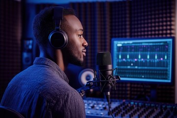 Leinwandbilder - A focused podcaster shares insights while using a microphone in a well-equipped recording studio. Generative AI