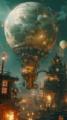 Wall Mural - mechanical marvels of the sky, steampunk balloons glowing in the moonlit night, 4k hyperrealistic ph