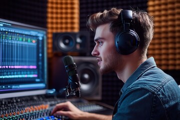 Leinwandbilder - The podcaster uses advanced audio gear while speaking into a microphone, focusing intently on the recording process in the studio. Generative AI