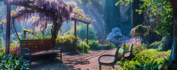 Wall Mural - Garden with fragrant wisteria and shaded benches, 4K hyperrealistic photo,