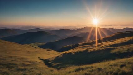 a bright, sunny sky with deep blue tones and the sun high in the sky, casting soft light across a pr