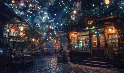 Sticker - Enchanted potion shop beneath a twinkling night sky, 4K hyperrealistic photo