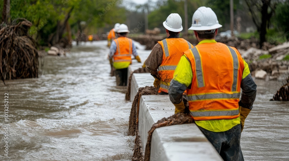 River Chain Defence Teams reinforcing riverbanks with concrete barriers post-flood, Flood ...