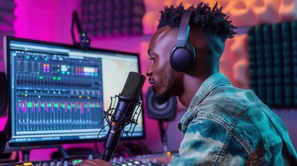 Poster - The podcaster speaks passionately into the microphone, surrounded by colorful studio lights and advanced recording equipment. Generative AI