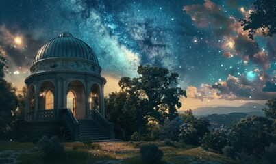 Magician's observatory overlooking celestial wonders, 4K hyperrealistic photo