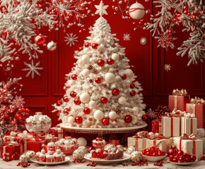 A festive Christmas scene featuring beautifully decorated white tree adorned with red and white ornaments, surrounded by an array of red and gold gifts, sweets, and holiday decorations. vibrant red ba