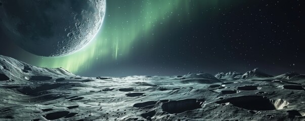 Wall Mural - Aurora Borealis Over Cratered Moon Surface, 4K hyperrealistic photo