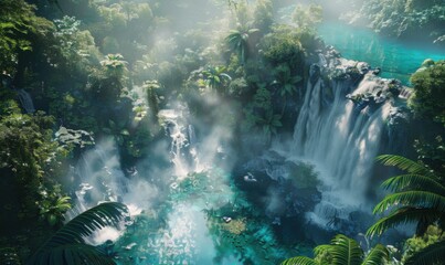 Canvas Print - Aerial Waterfall Sanctuary: Suspended Natural Wonders, 4K hyperrealistic photo