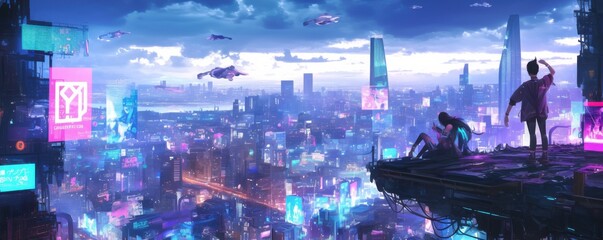 Wall Mural - cyberpunk city skyline with digital billboards and hovercrafts zooming above, 4k hyperrealistic phot