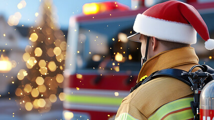 firefighter wearing Santa hat stands in front of fire truck, surrounded by festive lights and cheerful atmosphere. scene captures spirit of holiday season