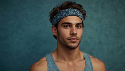 Sticker - Toned young man in denim shorts and a headband against a blue backdrop.