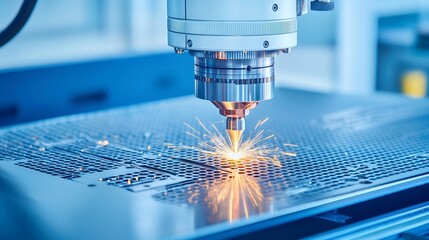 Poster - Blue laser cutting through metal, showcasing intricate designs and bright sparks, representing modern industrial technology in a spacious, innovative environment.