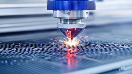Poster - Blue laser cutting of metal, creating intricate designs with bright sparks, showcasing modern industrial technology in a spacious workshop environment.