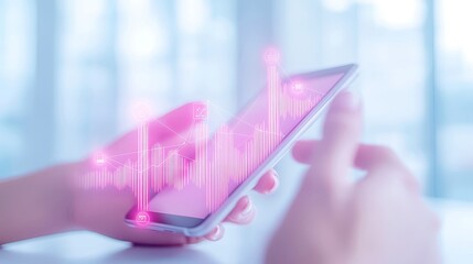 Poster - Businessman engaging with mobile smartphone, showcasing network connection icons, growth graph, digital marketing strategies, online banking, and business analysis planning in a modern workspace.