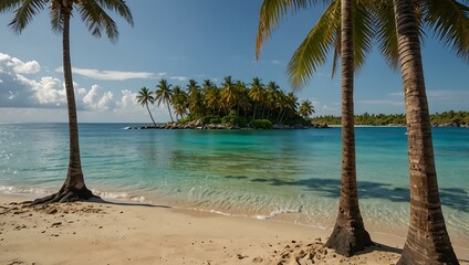 Wall Mural - Tropical beach with palm trees overlooking a clear ocean.