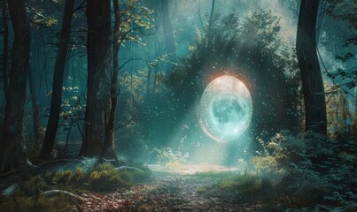 Sticker - Mystical portal opening in a forest, 4K hyperrealistic photo