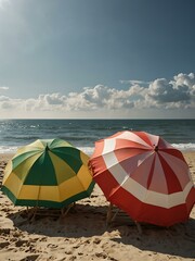 Wall Mural - Two striped beach umbrellas against a bright sky.