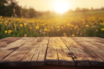 Rustic Wooden Tabletop with a Blurred Field of Yellow Flowers at Sunset