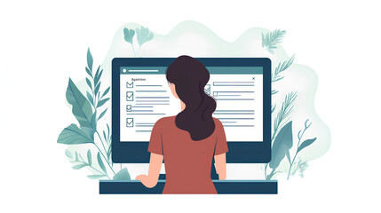 Poster - woman filling form online, web form to register, questionnaire