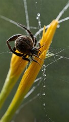 Wall Mural - Spider weaving a web on sunflower petals, capturing silk threads in detail.