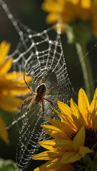 Wall Mural - Spider weaving a web on sunflower petals, capturing silk threads in detail.