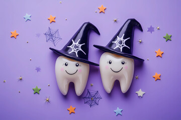 Halloween concept, two cute smiling teeth in witch hats on a lila background with spider webs and stars. Flat lay, top view of the frame. Perfect for dental health advertising, Halloween party decor