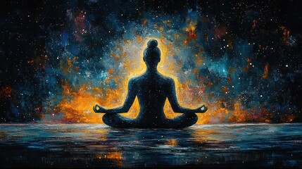 Canvas Print - silhouette of a serene figure meditating against a cosmic background filled with stars and galaxies symbolizing inner peace energy flow and spiritual enlightenment