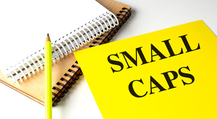 Poster -  Small caps concept with yellow document, pencil, and spiral notebooks on white background