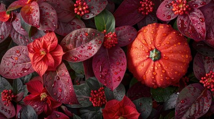 Sticker - A beautiful pumpkin surrounded by vibrant autumn leaves